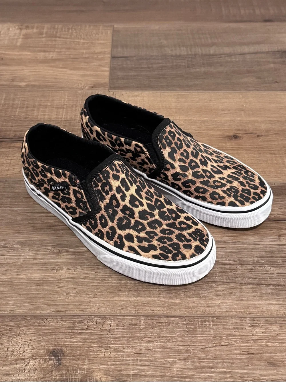 Vans Asher Deluxe Slip-On Sneakers in Leopard Print Tan and Black